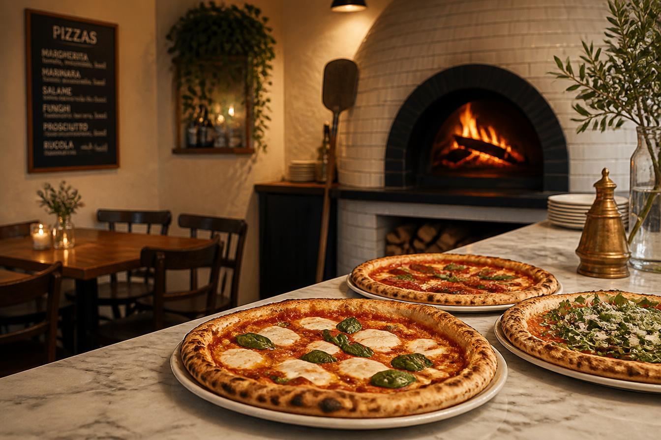 Wood-fired pizzas on a marble counter with a glowing oven in the background